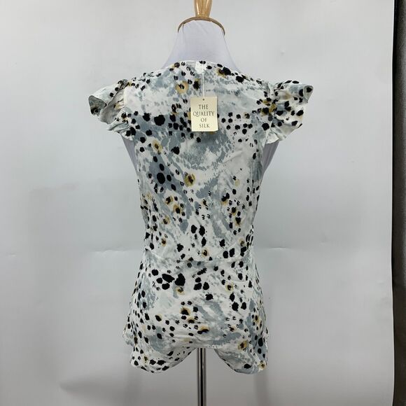 Moda International Silk Blouse Women S Grey Leopard Plunge V Neck Flutter Sleeve - Picture 6 of 14
